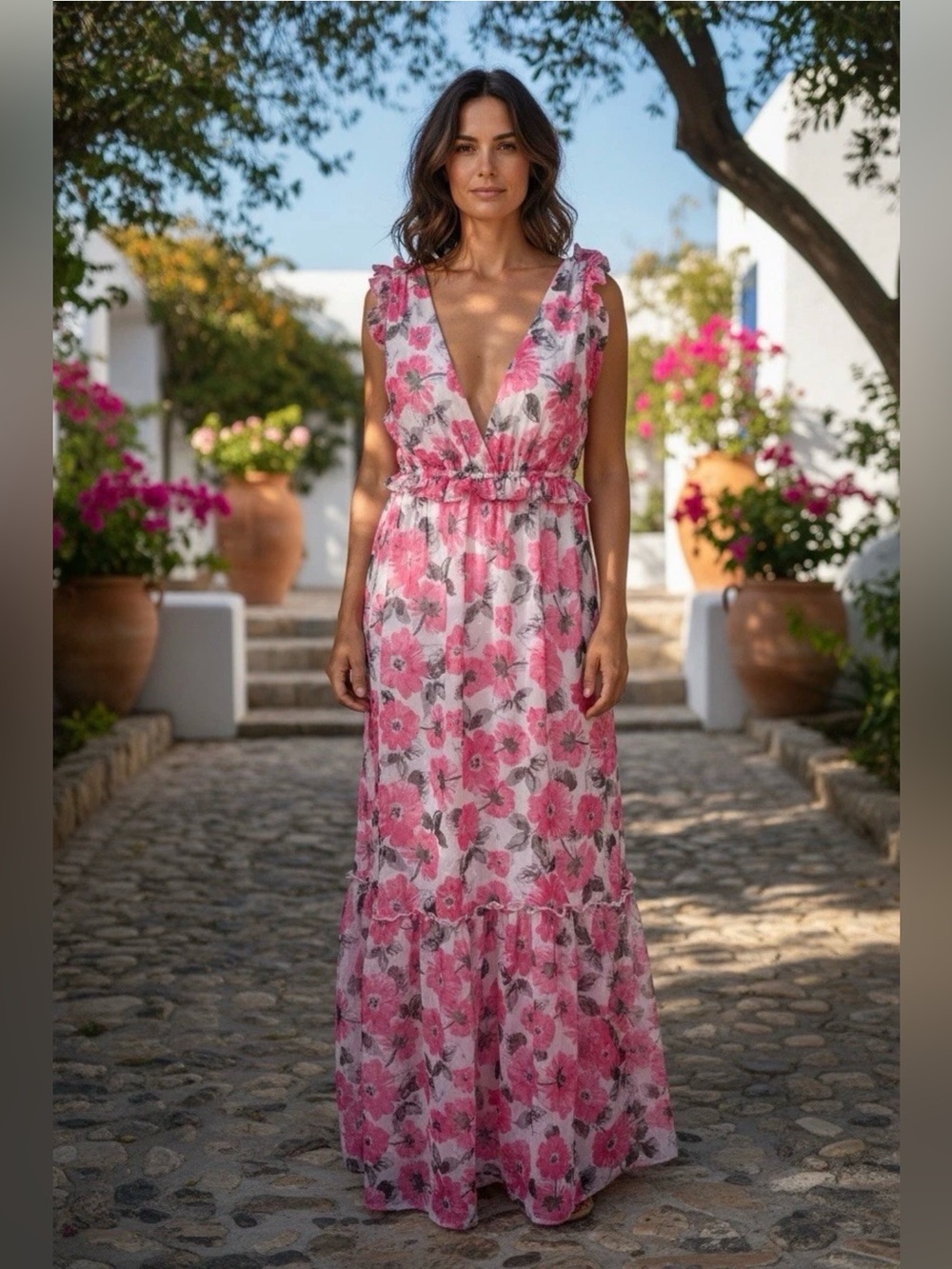 Charlotte Russe Maxi Women’s Sundress Size S Pink Floral Tiered Babydoll Lined